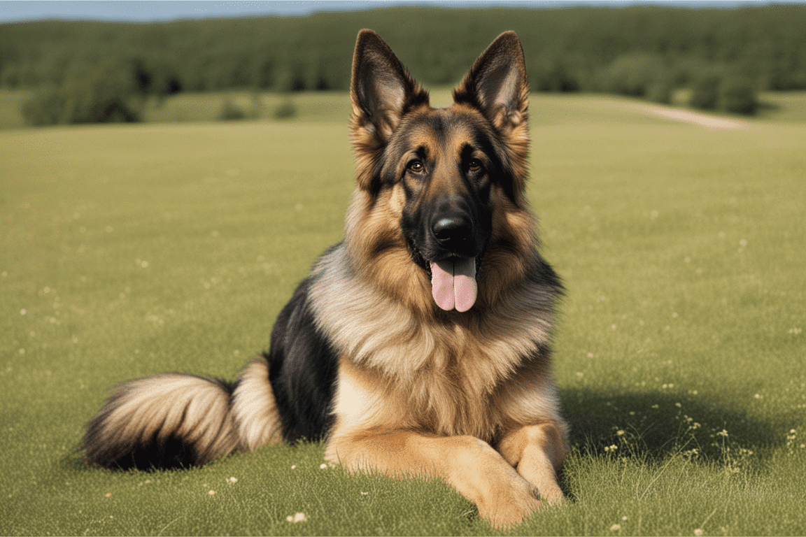 Long Haired German Shepherd standing in a meadow