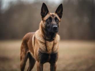 A Belgian Malinois stands alert, ears perked, with a sleek, muscular build and a short, fawn-colored coat