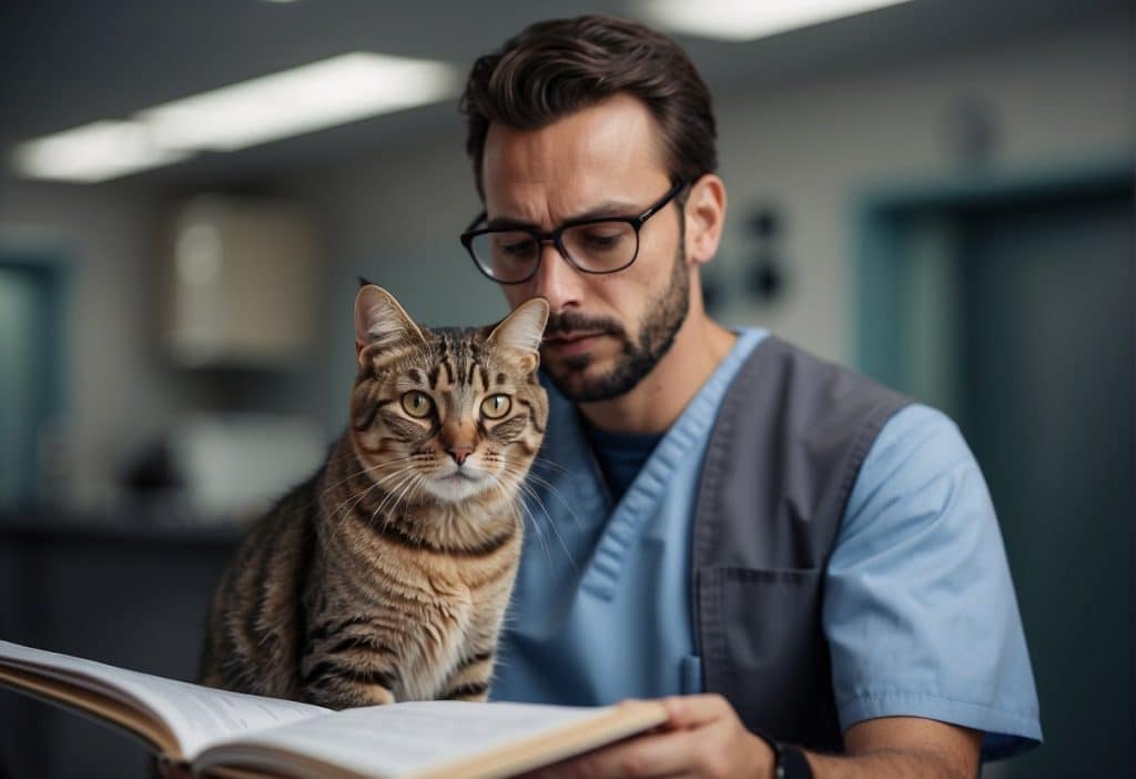 cat with vet and book