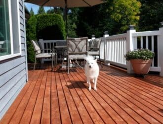 A white fluffy-haired dog with a black nose stands outdoors on a beautiful wood deck with white railing and patio furniture.