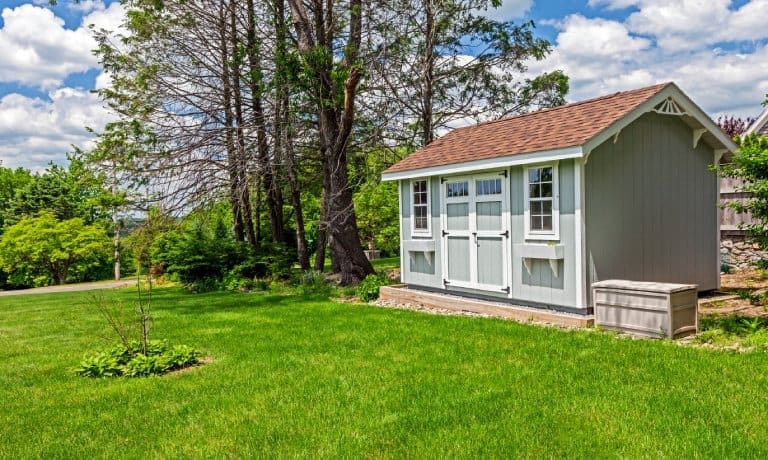Ways a Dog Owner Can Utilize a Backyard Shed 1 A gray shed contains white trim, two windows, and a roof with tan shingles. The shed sits next to mature trees.