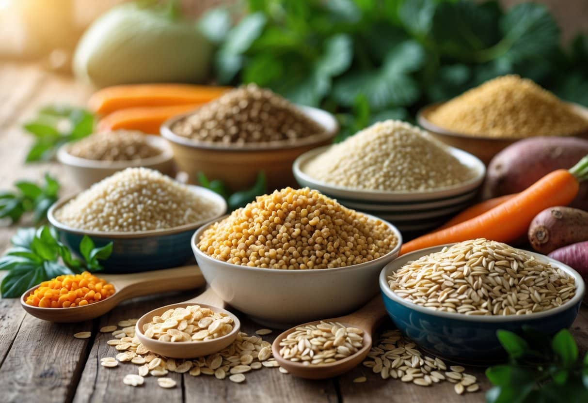 A variety of healthy grains like quinoa, brown rice, barley, oats, and millet displayed in bowls and scoops on a wooden table with fresh green leaves and vegetables around them.