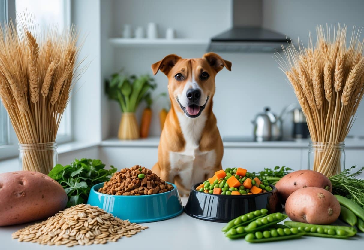 A happy dog sitting by two bowls of dog food with grains and vegetables around them in a bright kitchen.