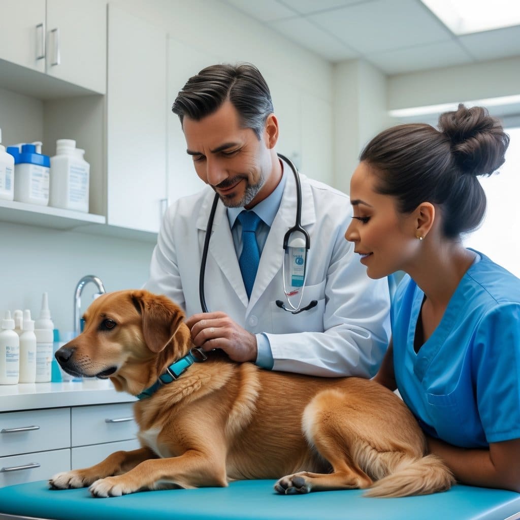 A veterinarian examining a dog with a stethoscope while the owner watches in a veterinary clinic.