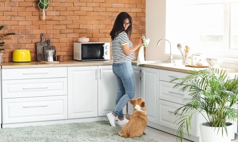 A young woman wearing a striped T-shirt and jeans drying a cup with a towel while looking down at a corgi next to her.