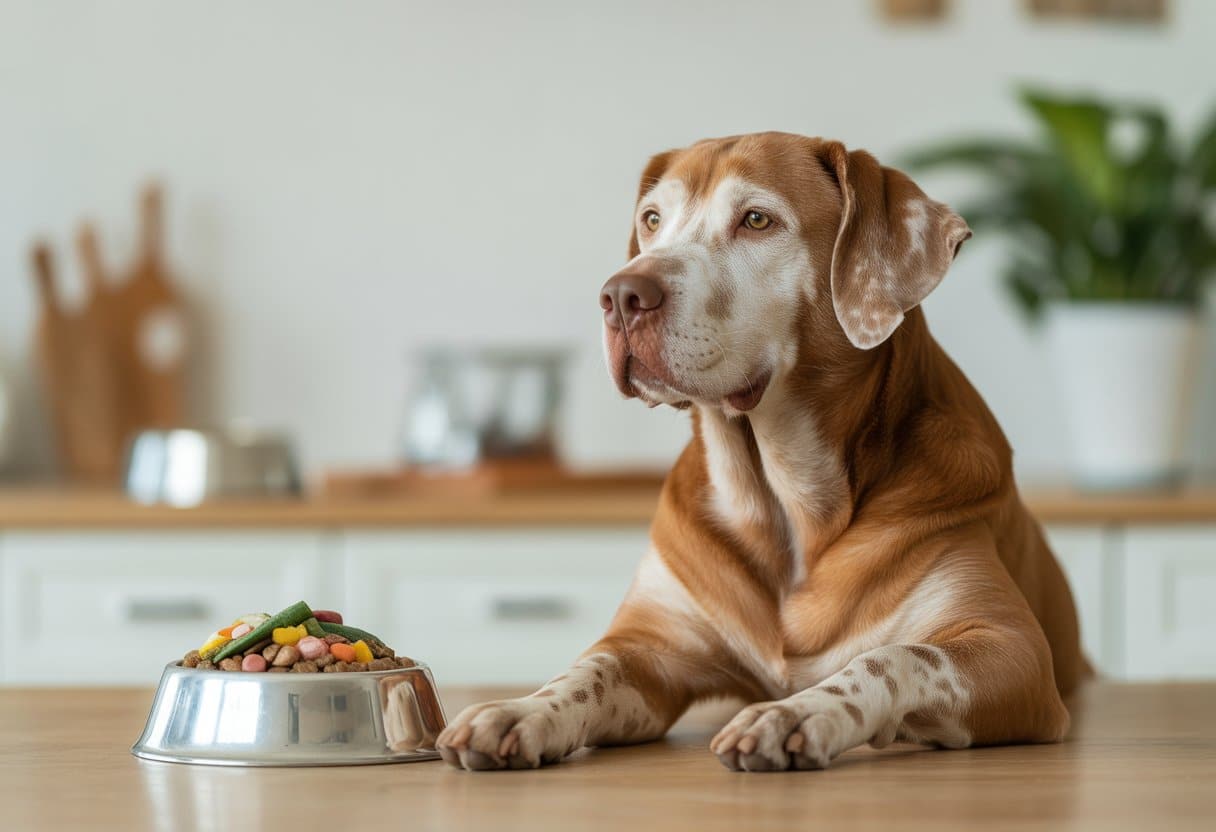 Affordable Grain-Free Dog Food for Sensitive Stomachs: Top Picks for Digestive Health 2 A happy dog sitting calmly near a bowl of fresh grain-free dog food in a bright kitchen.