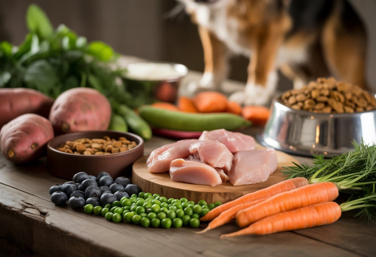 Affordable Grain-Free Dog Food for Sensitive Stomachs: Top Picks for Digestive Health 3 A wooden table with fresh sweet potatoes, carrots, peas, blueberries, lean meat, and grain-free dog food ingredients arranged neatly.