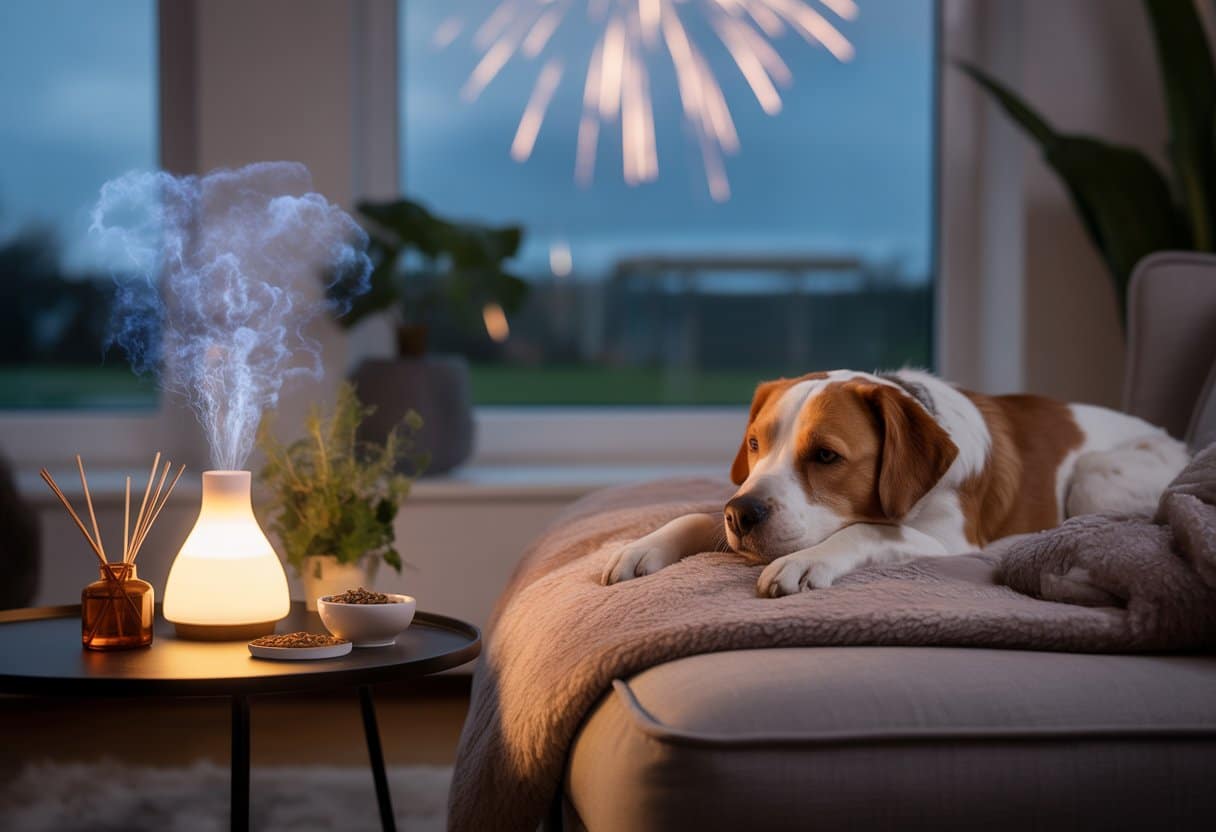 How to Reduce Pet Anxiety from Fireworks and Thunderstorms: Effective Calming Techniques 2 A relaxed dog lying on a soft blanket in a living room with a diffuser, herbal supplements, and a thunder shirt nearby, with a window showing a dark sky with fireworks and lightning outside.