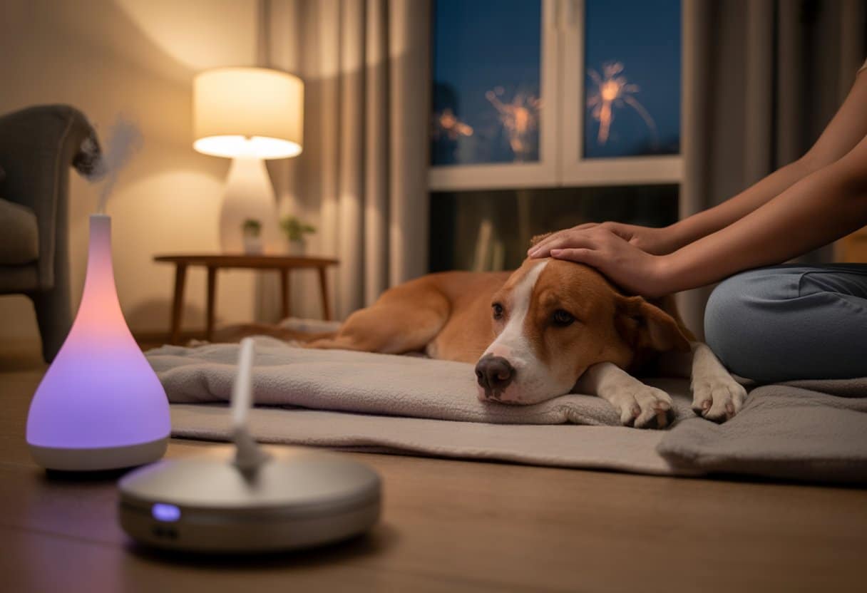 How to Reduce Pet Anxiety from Fireworks and Thunderstorms: Effective Calming Techniques 3 A dog resting calmly on a blanket indoors while a person gently pets it in a cozy living room.