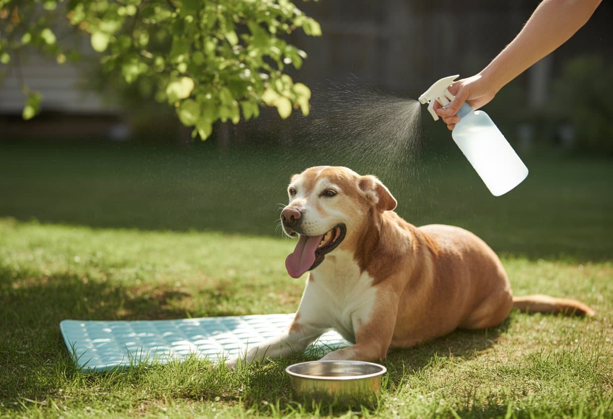 A dog sitting in the shade while a person sprays water mist on it to help keep it cool during hot weather.