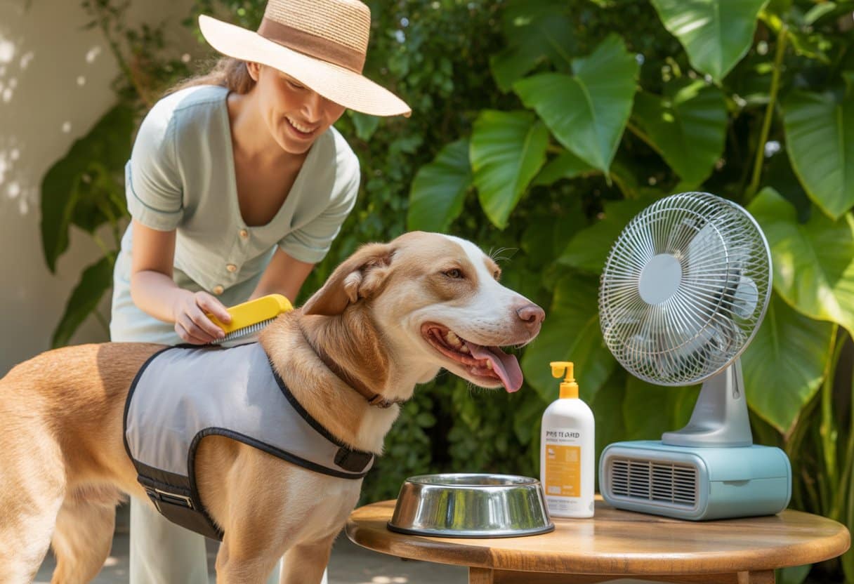 A person brushing a dog wearing a cooling vest outdoors in a shaded garden with water and pet sunscreen nearby.
