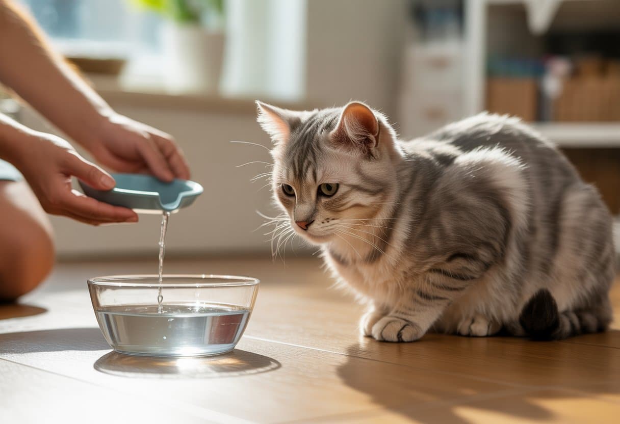 A domestic cat near a bowl of water inside a home, with a person encouraging it to drink.