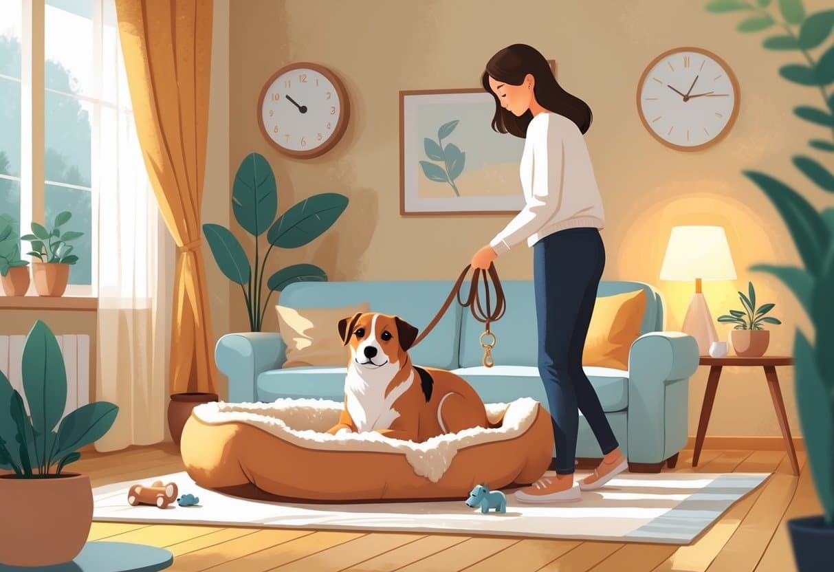 A calm dog resting on a bed in a cozy living room while a person prepares to leave for work.