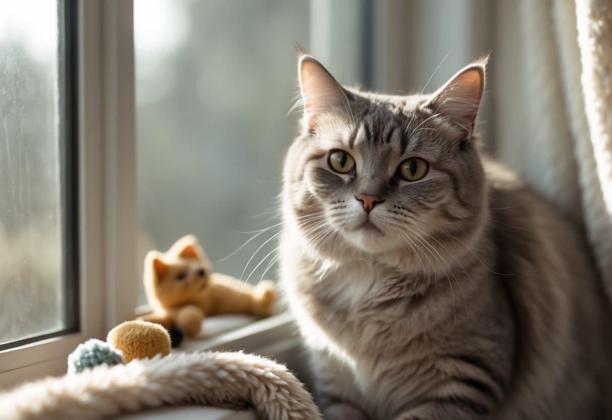 A senior cat sitting on a windowsill looking attentive and slightly vulnerable, surrounded by cat toys and a blanket.