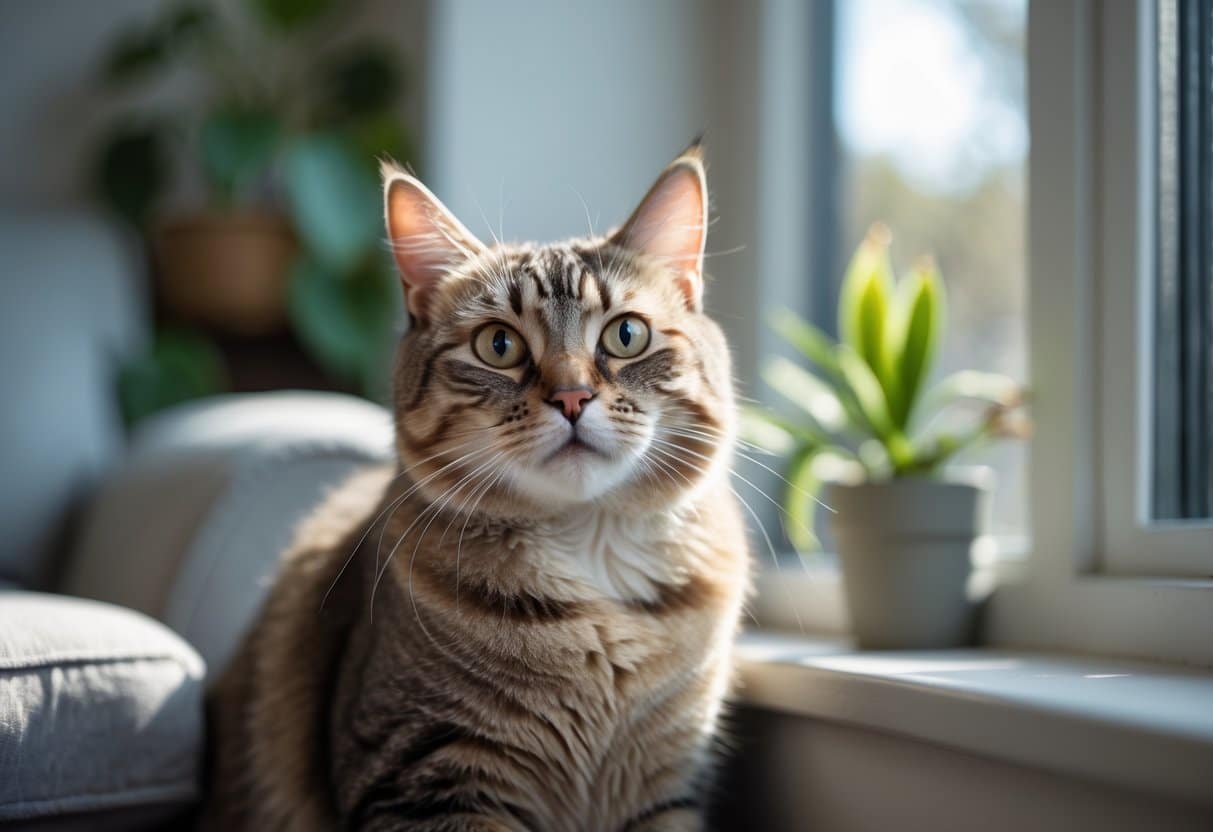 Close-up of a domestic cat sitting on a windowsill indoors, looking attentively with expressive eyes.