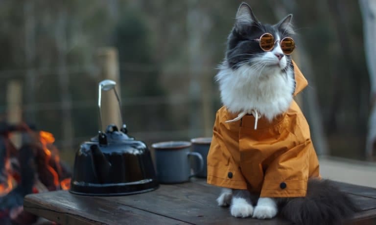 A close-up shows a gray and white cat wearing a yellow jacket and sunglasses on a picnic table next to kettle.