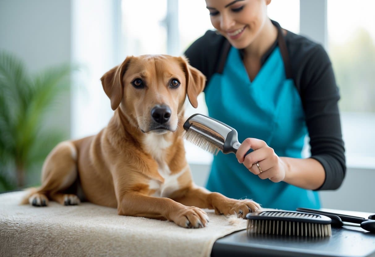 A person grooming a calm dog with a de-shedding tool indoors, removing loose fur on a grooming table.