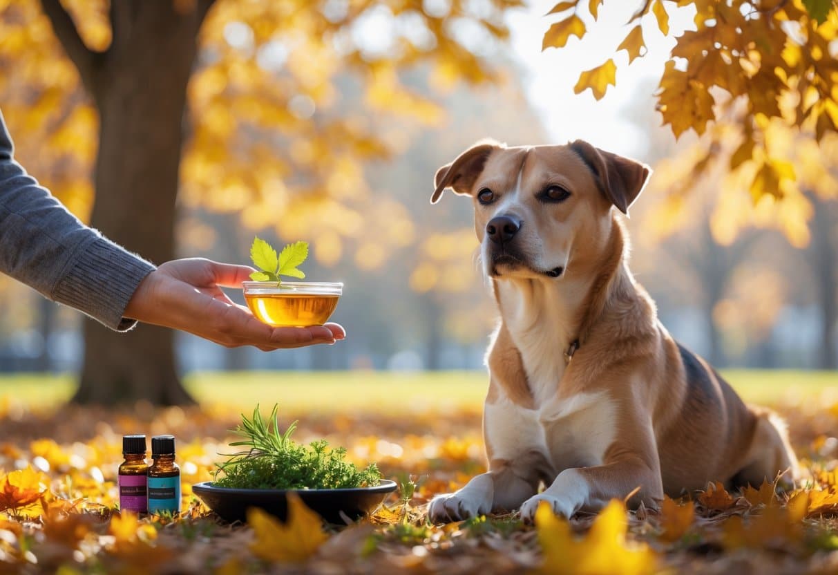 A dog sitting calmly in an autumn park with colorful fall leaves, while a person offers natural remedies nearby.