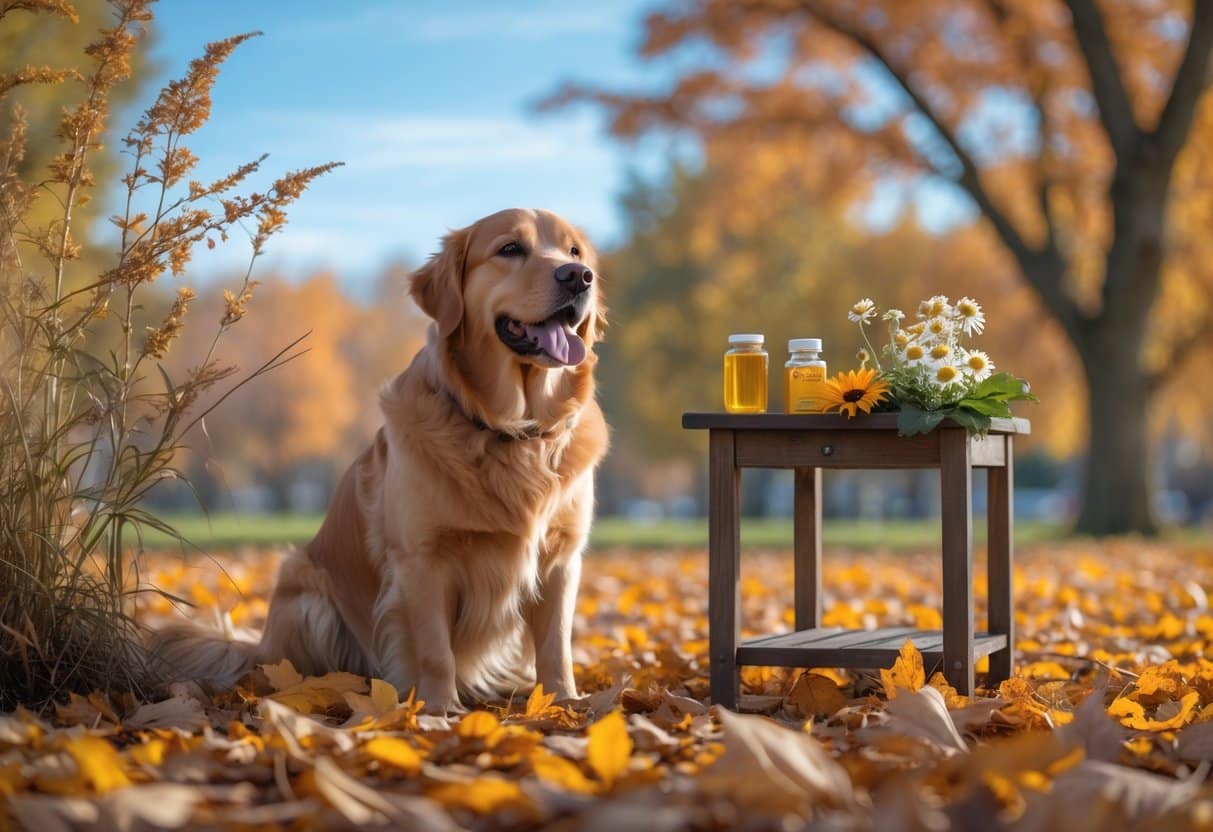 A golden retriever sitting on fallen autumn leaves in a park with natural fall plants and herbal remedies on a small table nearby.