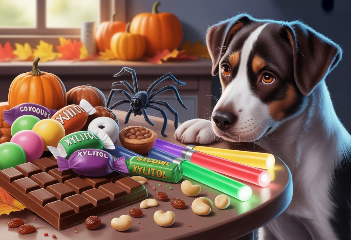A dog cautiously sniffing near various Halloween candies and objects that are dangerous to dogs, including chocolate, raisins, nuts, glow sticks, and small toys, with pumpkins and autumn leaves in the background.