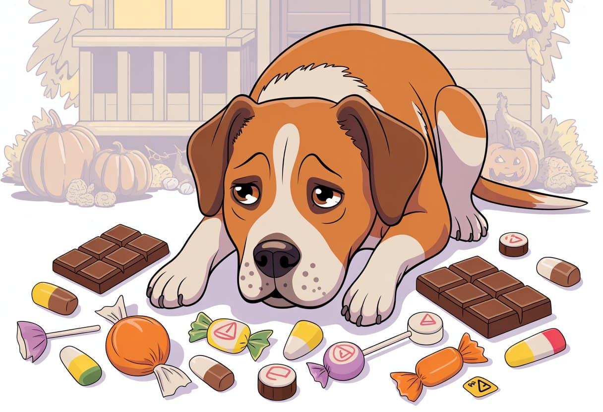 A sick-looking dog surrounded by various Halloween candies like chocolate bars and candy corn on a porch decorated with pumpkins and autumn leaves.