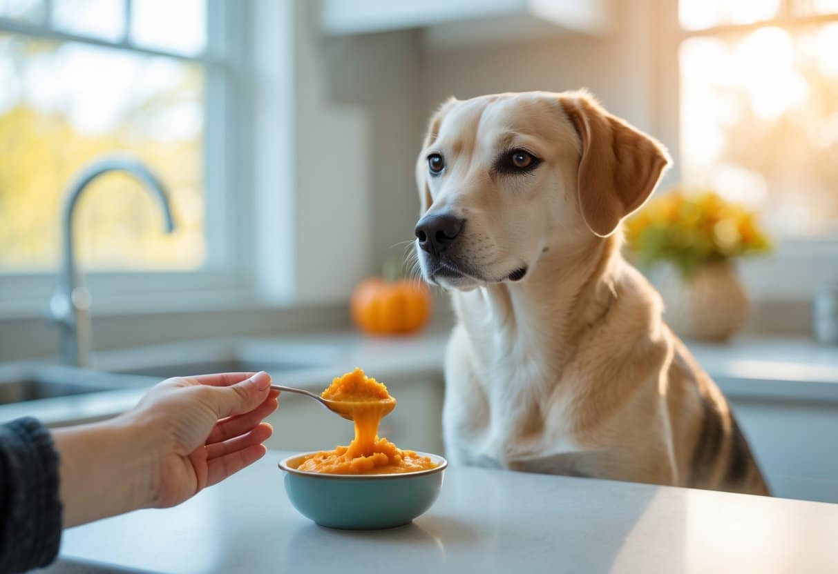 A dog sitting next to a bowl of pumpkin puree on a kitchen countertop, with a hand holding a spoon of pumpkin puree.