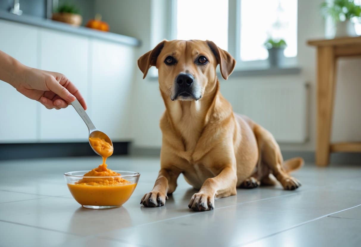 A dog sitting on a kitchen floor next to a bowl of pumpkin puree with a person holding a spoonful of the puree.