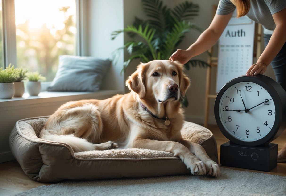 A senior golden retriever resting on a dog bed by a window with daylight, while a person gently adjusts the dog's food bowl nearby.