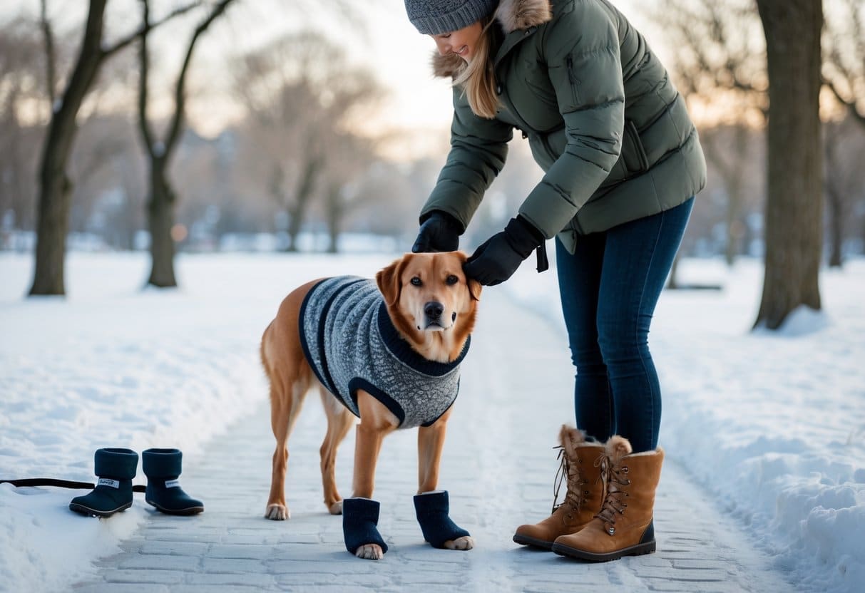 How Cold Is Too Cold For A Dog To Walk Outside: Essential Temperature Guidelines For Pet Safety 5 A person putting a warm sweater on a dog in a snowy park before a walk.