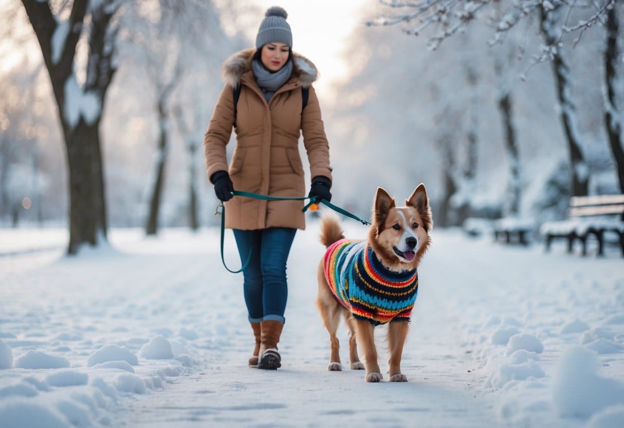 How Cold Is Too Cold For A Dog To Walk Outside: Essential Temperature Guidelines For Pet Safety 6 A person dressed in winter clothes walking a dog wearing a sweater on a snowy path surrounded by snow-covered trees.