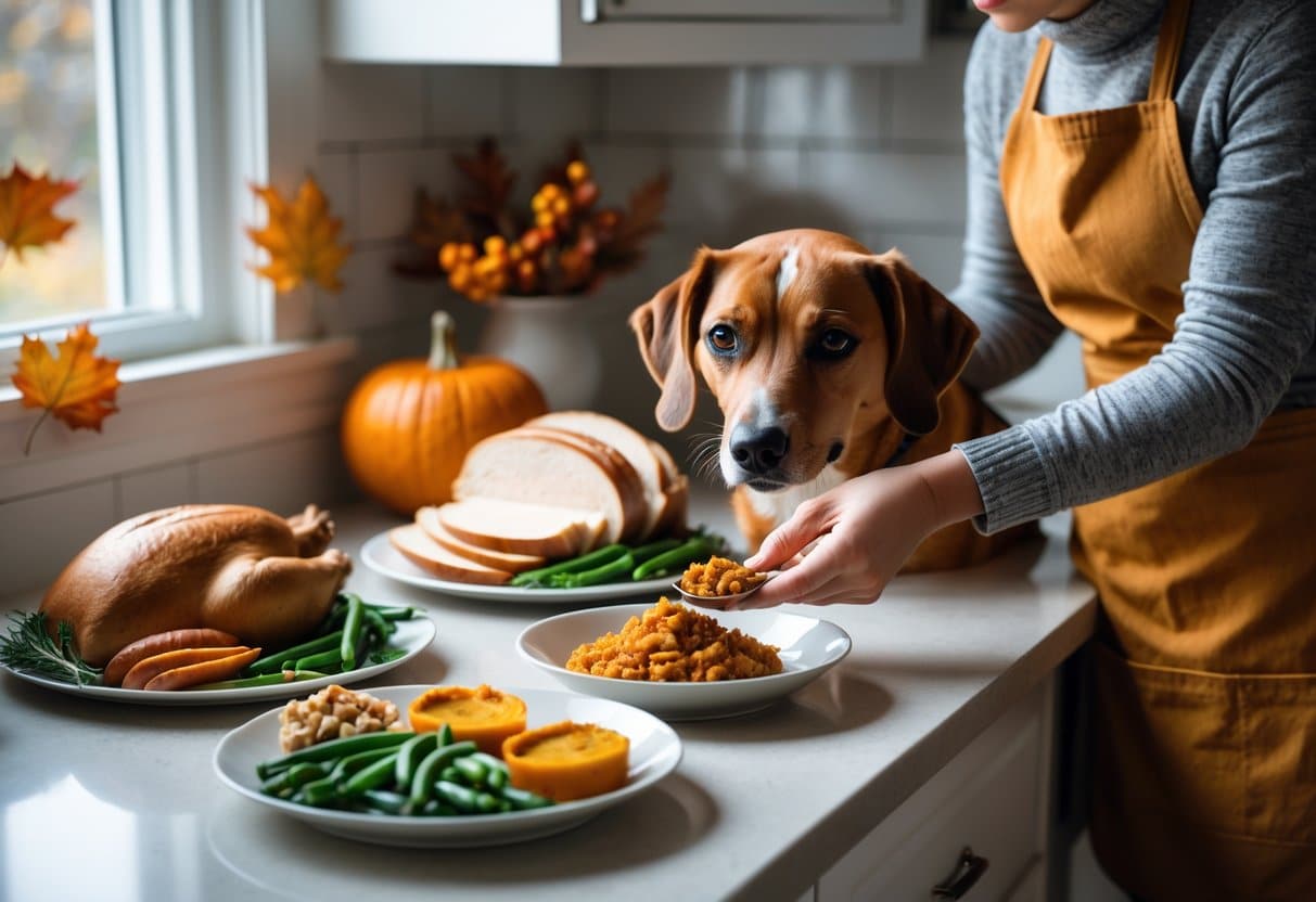 A dog sitting next to a kitchen counter where a person is preparing dog-safe Thanksgiving foods like turkey and vegetables.