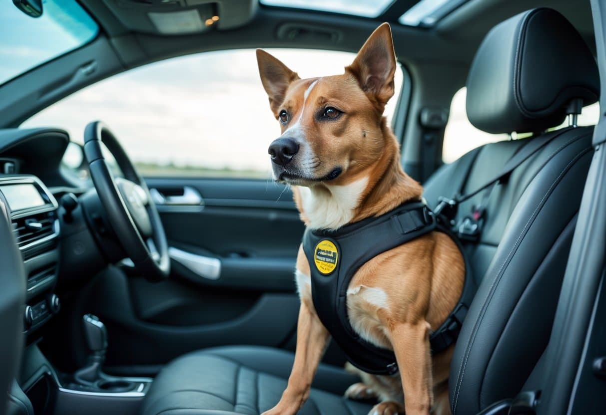 A dog sitting safely in a crash-tested car seat with a harness inside a car on a highway.