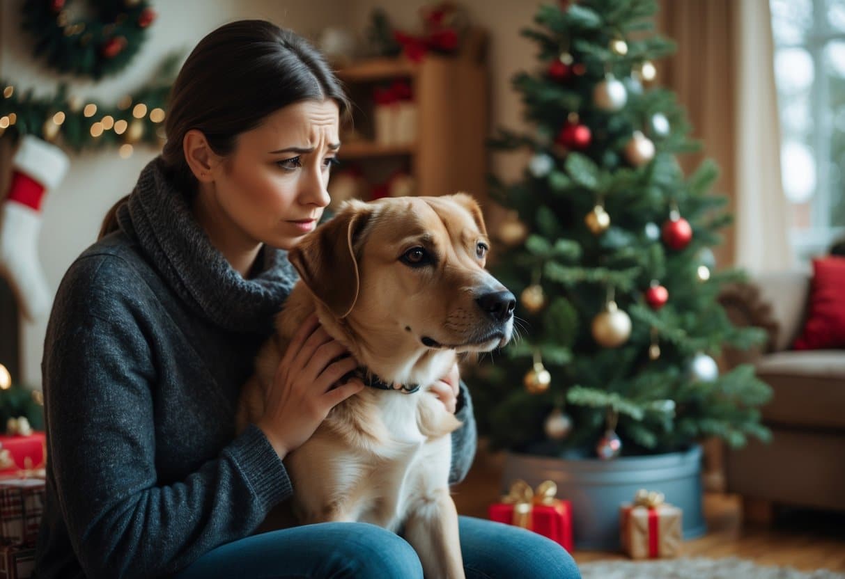 Is Christmas Tree Water Toxic to Dogs? Dangers, Risks, and Safety 3 A person gently holding a dog near a decorated Christmas tree in a living room.