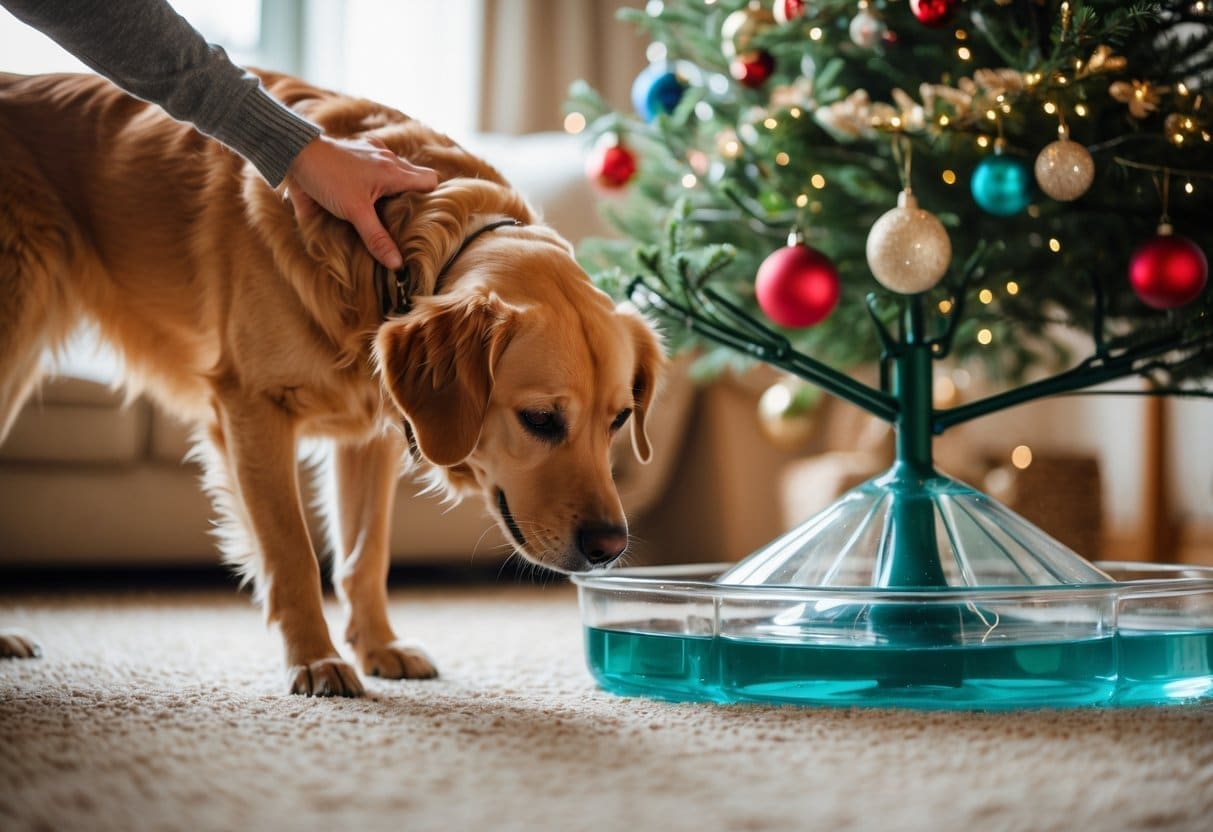 Is Christmas Tree Water Toxic to Dogs? Dangers, Risks, and Safety 4 A dog being gently held back from a decorated Christmas tree with water in the tree stand in a cozy living room.