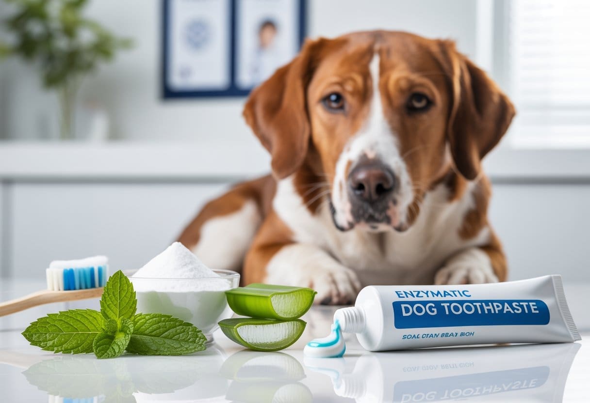 Best Enzymatic Dog Toothpaste for Bad Breath: Expert Guide & Reviews 2 A happy dog sitting next to natural ingredients and a tube of dog toothpaste on a white surface.