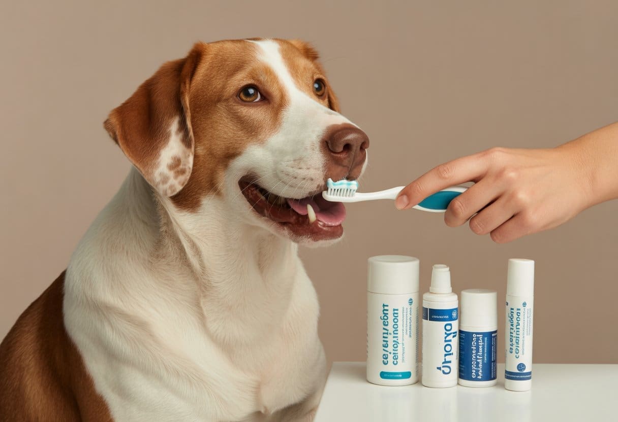Best Enzymatic Dog Toothpaste for Bad Breath: Expert Guide & Reviews 3 A happy dog with clean teeth being gently brushed by a person using dog toothpaste, with toothpaste containers nearby.