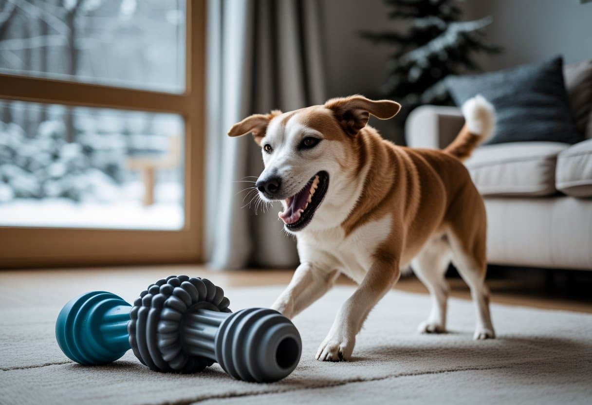 Indestructible Toys for Bored Dogs in Winter: Top Durable Picks & Tips 4 A dog playing indoors with a durable chew toy, with a snowy winter scene visible through a window.