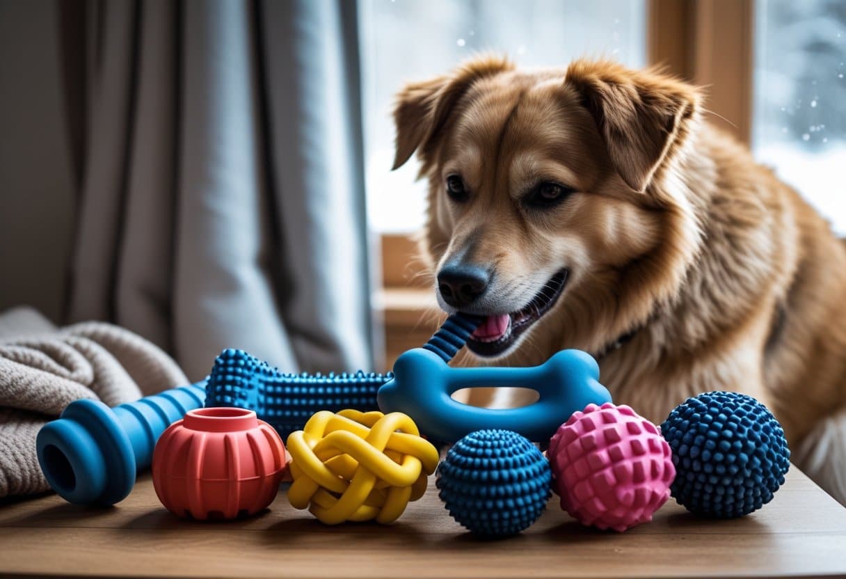 Indestructible Toys for Bored Dogs in Winter: Top Durable Picks & Tips 5 A variety of durable dog chew toys displayed on a wooden surface with a dog chewing on one toy near a window showing a winter scene outside.