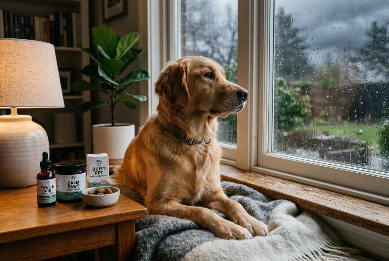 A calm dog sitting on a blanket near a window with rainy weather outside, next to natural pet anxiety supplements on a table.