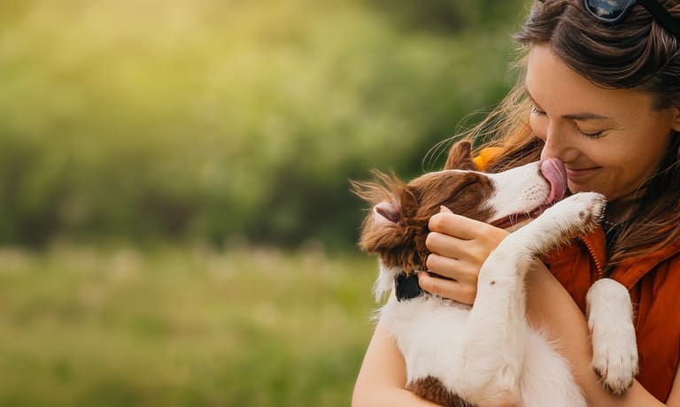 A woman holding her brown and white border collie in her arms outdoors. She smiles as the dog licks her face.