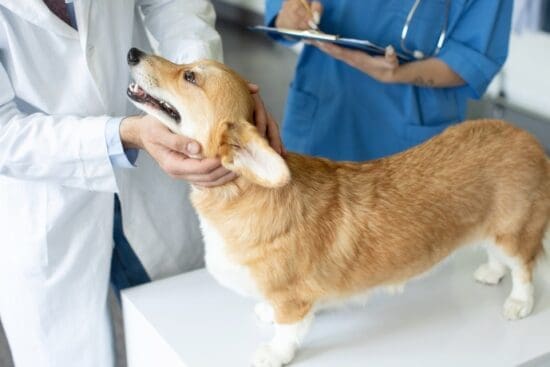 A vet examines a corgi on an examination table, while an assistant records the pet's information onto the patient forms.