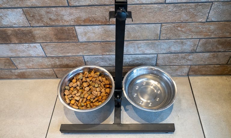 A pair of stainless steel pet bowls sitting in an elevated adjustable stand made of metal on a floor.