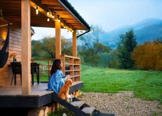 A woman sits on cabin porch steps with a small brown dog, overlooking a green field and misty mountains at sunrise.