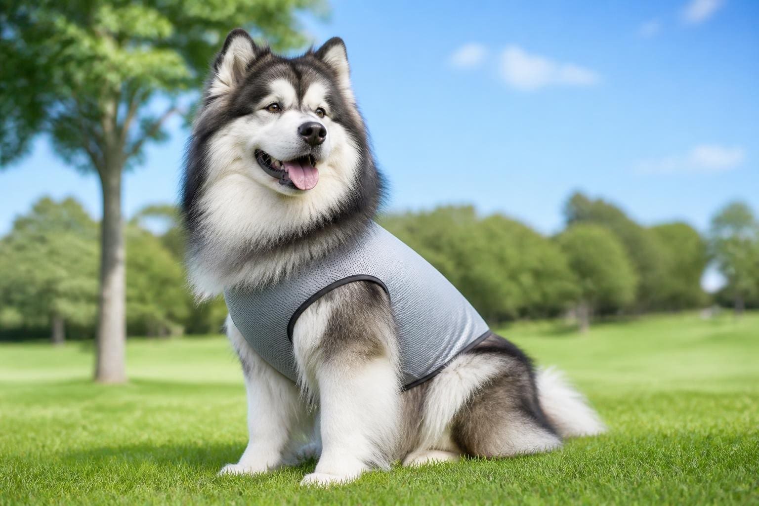 A large double-coated dog wearing a lightweight cooling vest outdoors in a sunny park.