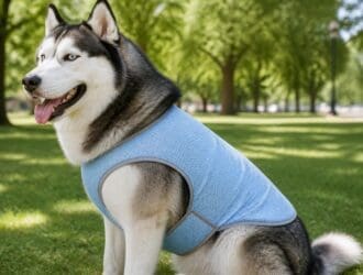 A large double-coated dog outdoors wearing a lightweight cooling vest, standing in a sunny park.