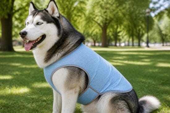 A large double-coated dog outdoors wearing a lightweight cooling vest, standing in a sunny park.