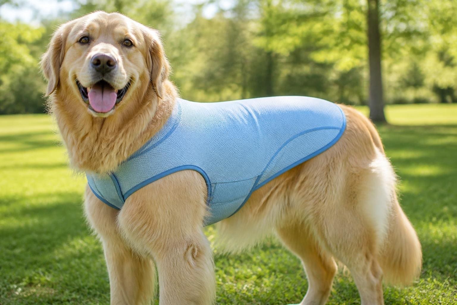 A large double-coated dog outdoors wearing a lightweight cooling vest, standing on grass in sunlight.