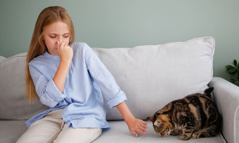 What to Do When Pet Odor in the Home Won’t Go Away 2 A girl covering her nose with one hand while sitting beside a house cat on a light-colored couch indoors.
