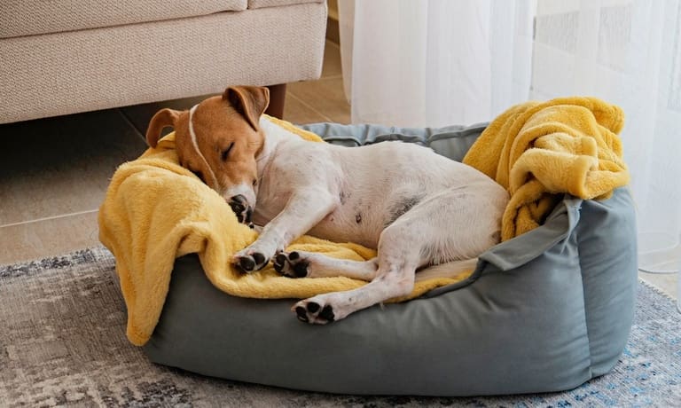 Why Dogs Like Having Different Rest Spots Around the House 1 Brown-and-white dog naps on a yellow blanket in a gray cushioned bed near a sofa and sheer curtains.