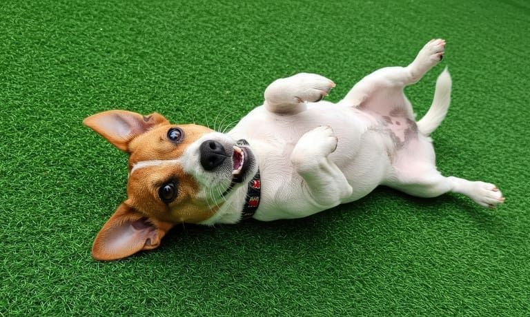 A small brown and white dog lying on its back on green turf, wearing a collar and looking toward the camera.